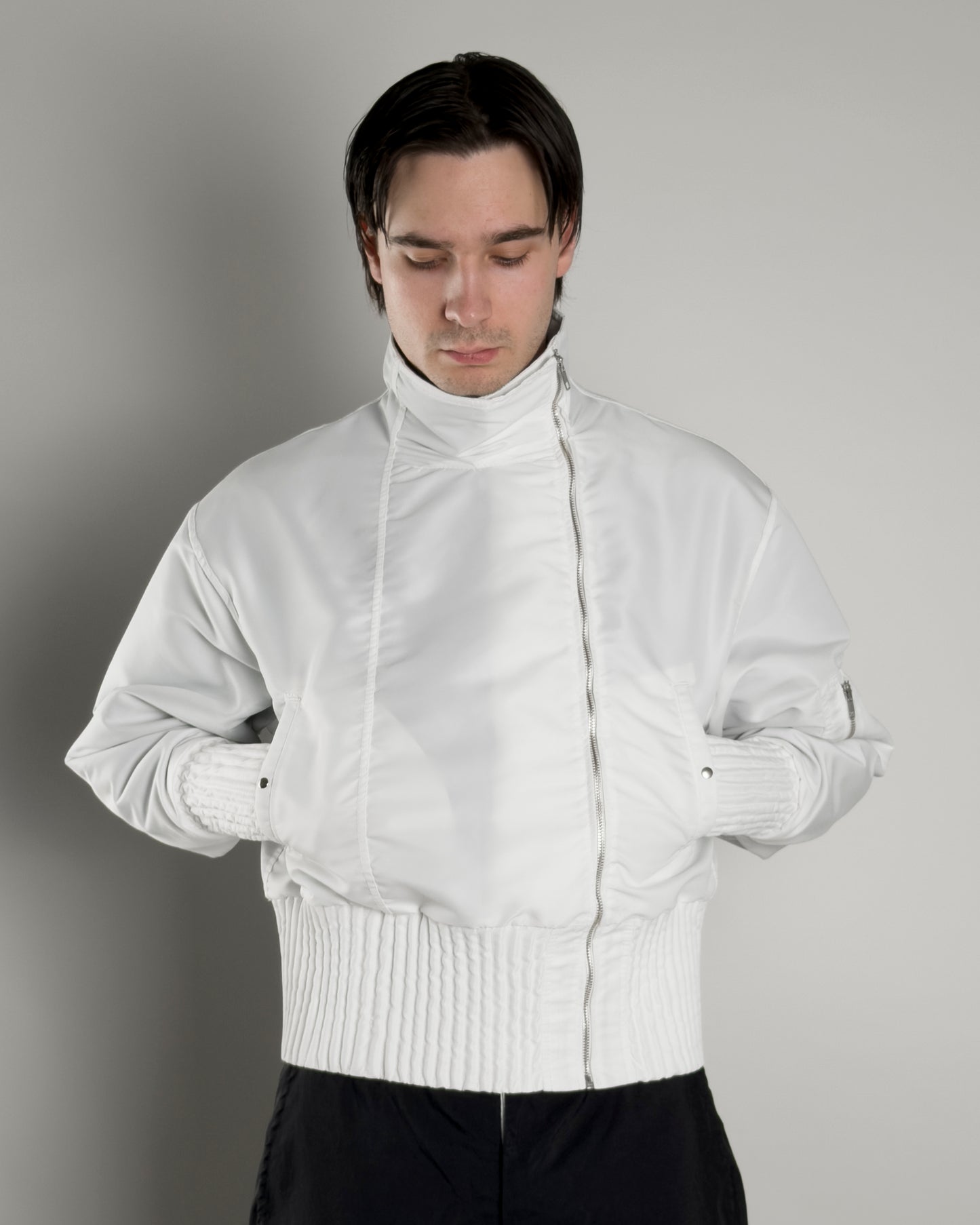 white flight nylon bomber